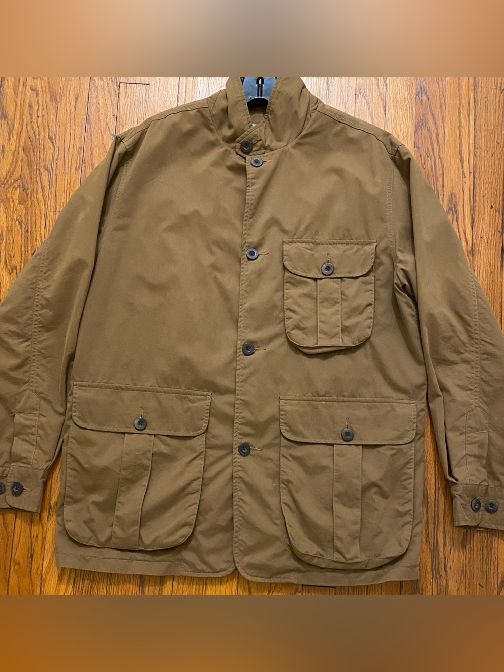 TravelSmith Khaki Canvas Field Jacket Men's M Leather Collar Americana classic.